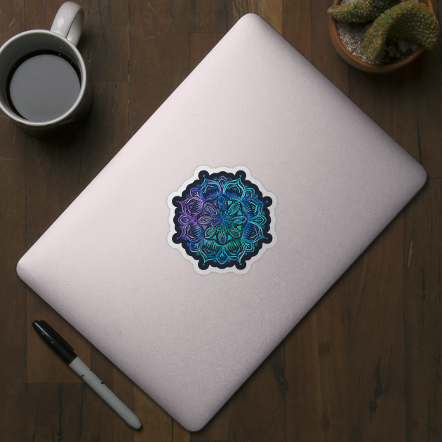 Iridescent Aqua and Purple Watercolor Mandala by micklyn